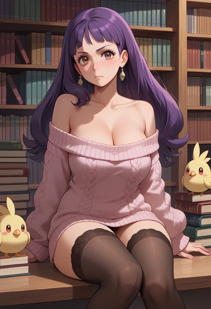 pokemon,iris_(pokemon),Pouting,off-shoulder,sweater,stockings  - 