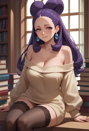 pokemon,iris_(pokemon),Biting lip,off-shoulder,sweater,stockings  - AI generated anime art