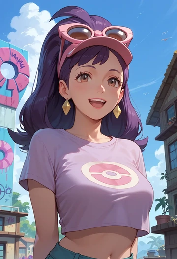 pokemon,iris_(pokemon),crop graffiti tee,dolphin shorts  - AI generated anime art