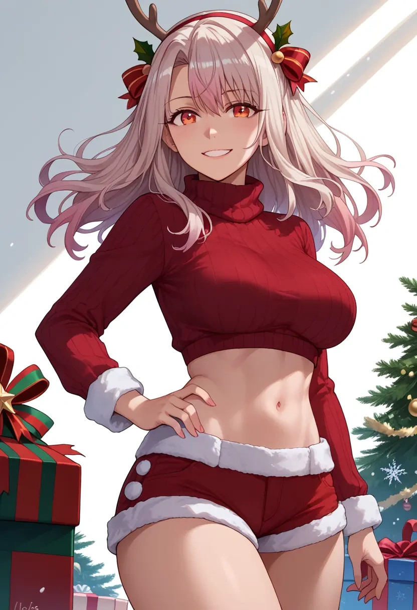 fate_(series),irisviel_von_einzbern,Christmas,red velvet shorts,turtleneck sweater  - 