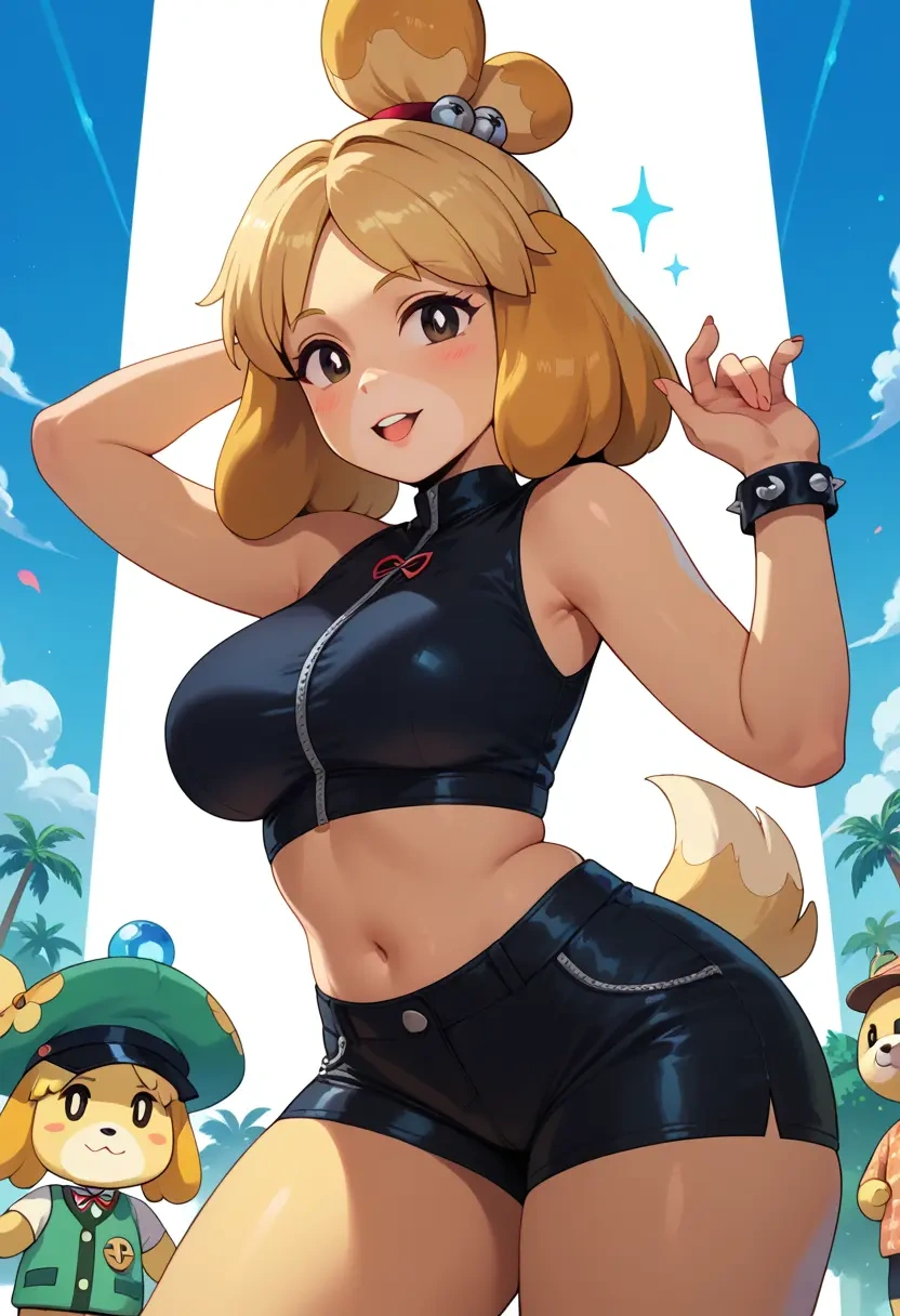 animal_crossing,isabelle_(animal_crossing),leather,shorts,crop top  - 