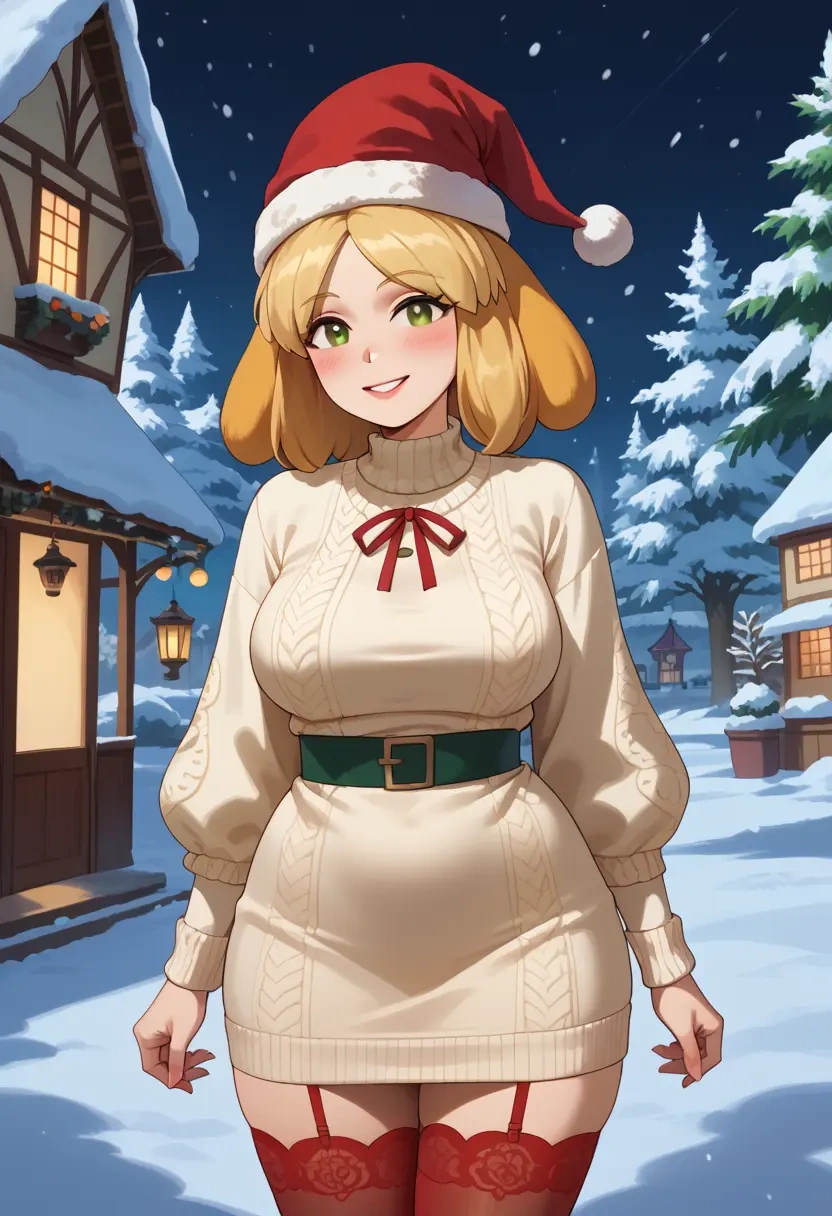 animal_crossing,isabelle_(animal_crossing),Christmas,sweater dress,stockings  - 