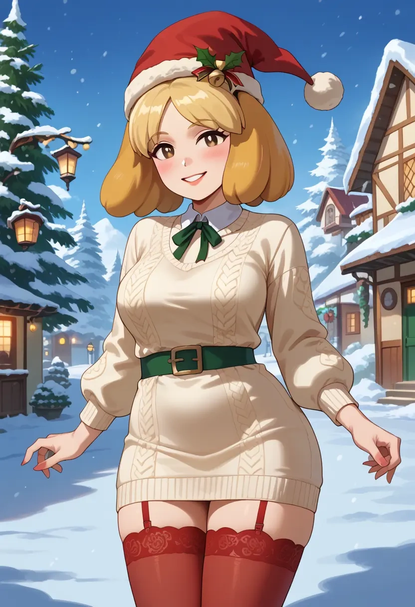 animal_crossing,isabelle_(animal_crossing),Christmas,sweater dress,stockings  - 