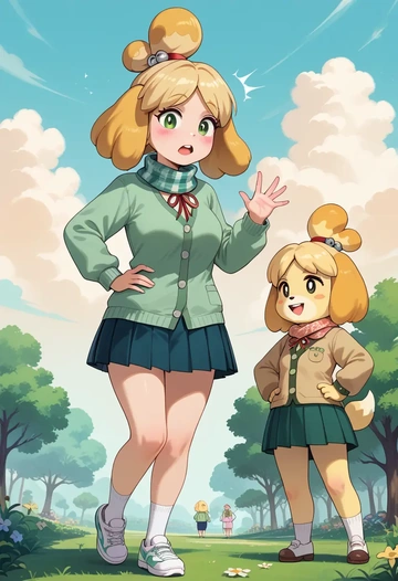 animal_crossing,isabelle_(animal_crossing),spring,student uniform,knit sweater  - AI generated anime art