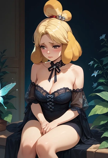 animal_crossing,isabelle_(animal_crossing),dark fairy blouse,layered tulle skirt,glitter stockings  - AI generated anime art