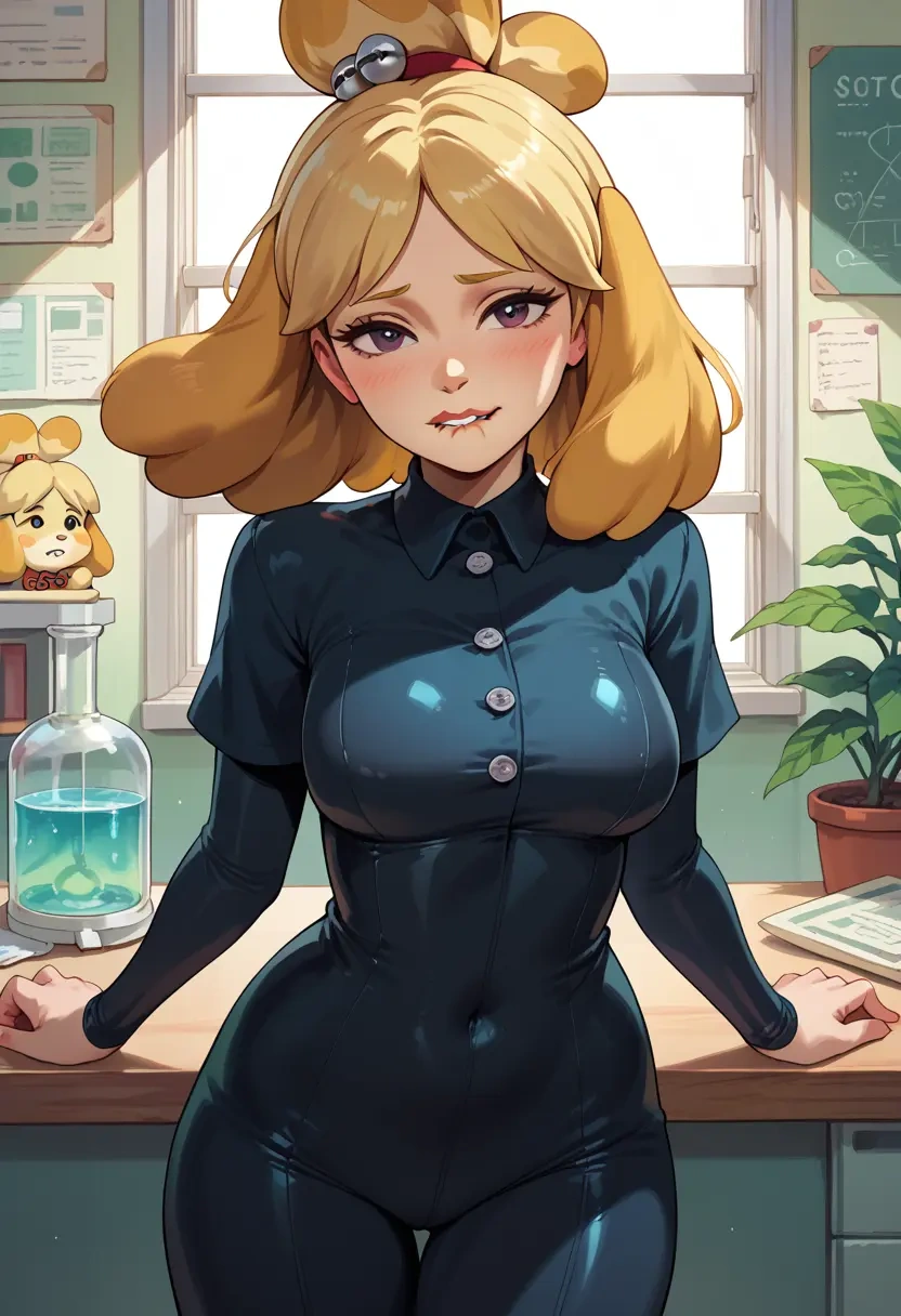 animal_crossing,isabelle_(animal_crossing),black widow bodysuit,spiderweb cape,leather gloves  - 