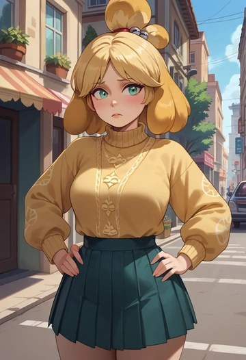 animal_crossing,isabelle_(animal_crossing),sweater,cropped,pleated midi skirt  - AI generated anime art