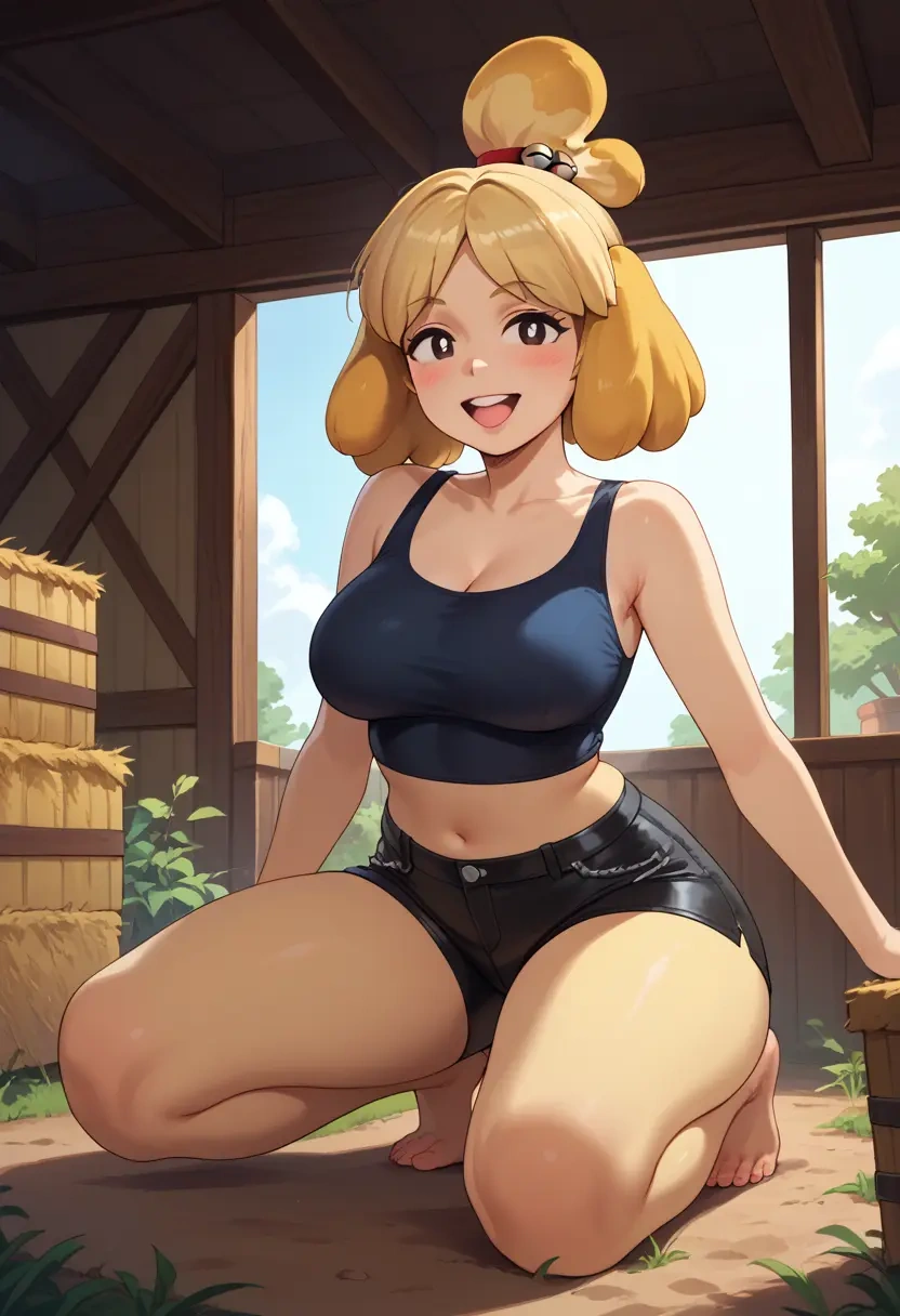 animal_crossing,isabelle_(animal_crossing),leather,shorts,crop top  - 