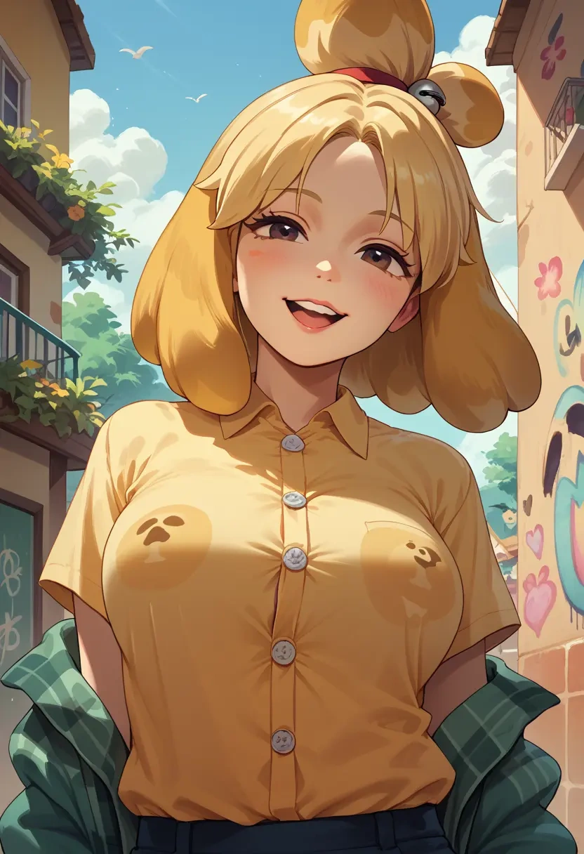 animal_crossing,isabelle_(animal_crossing),oversized graffiti shirt,dolphin shorts  - 