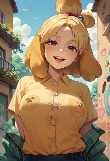 animal_crossing,isabelle_(animal_crossing),oversized graffiti shirt,dolphin shorts  - AI generated anime art