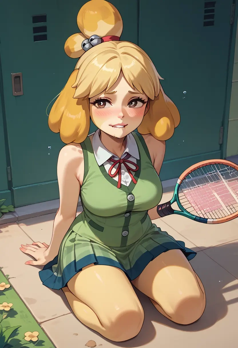 animal_crossing,isabelle_(animal_crossing),tennis dress,visor,trainers  - 