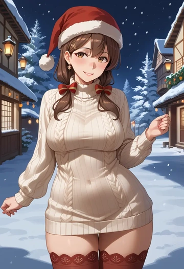 kantai_collection,ise_(kancolle),Christmas,sweater dress,stockings  - AI generated anime art