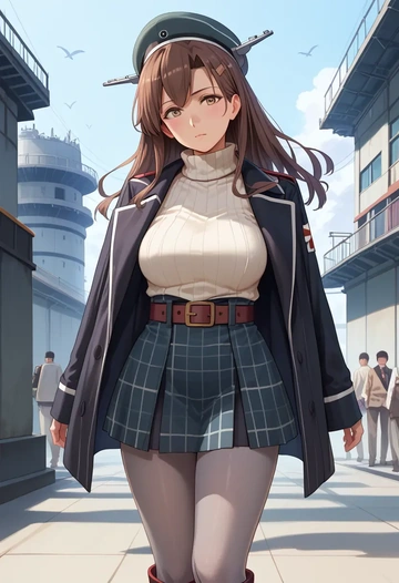 kantai_collection,ise_(kancolle),winter,student uniform,pea coat  - AI generated anime art