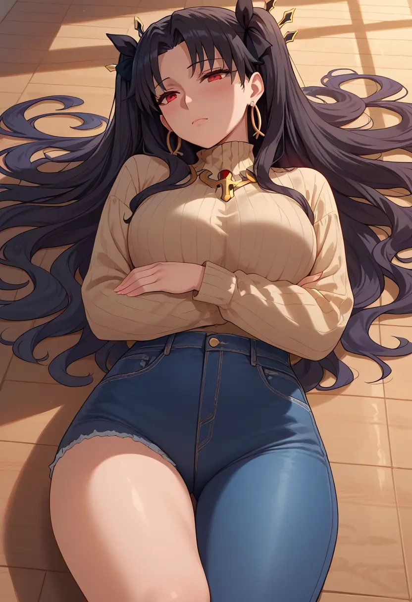 fate_(series),ishtar_(fate),teacher, sweater, jeans shorts  - 