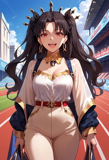 fate_(series),ishtar_(fate),striped graffiti blouse,dolphin shorts  - AI generated anime art