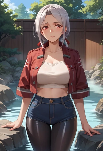 kantai_collection,isokaze_(kancolle),denim jacket,cropped,leather leggings  - AI generated anime art