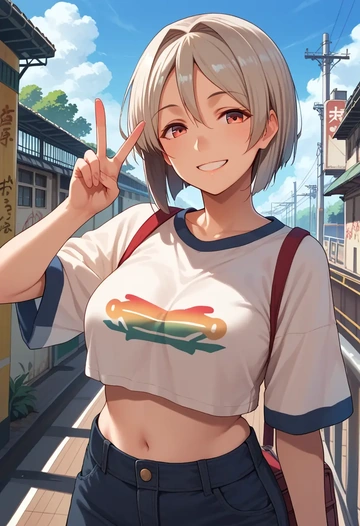 kantai_collection,isokaze_(kancolle),cropped graffiti sweatshirt,dolphin shorts  - AI generated anime art