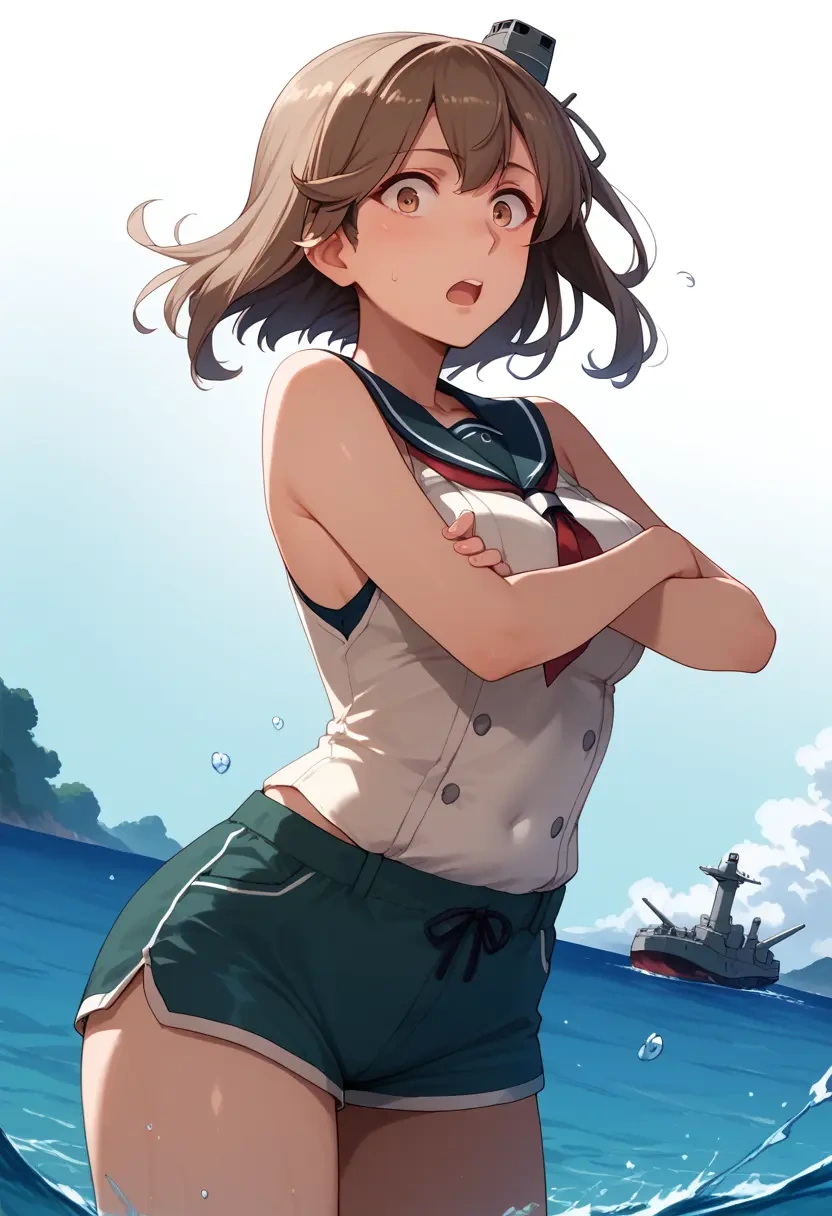 kantai_collection,isonami_(kancolle),sleeveless swim top,shorts-style bottom,contrast stitching  - 