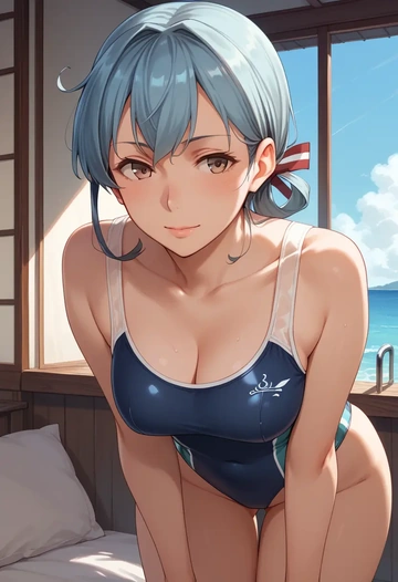 kantai_collection,isonami_(kancolle),racerback swimsuit,striped trim,name tag patch  - AI generated anime art