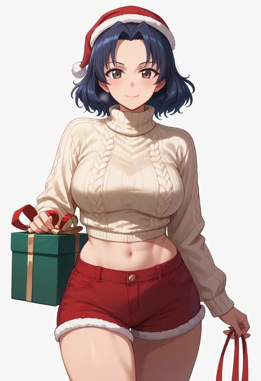 girls_und_panzer,isuzu_hana,Christmas,red velvet shorts,turtleneck sweater  - 