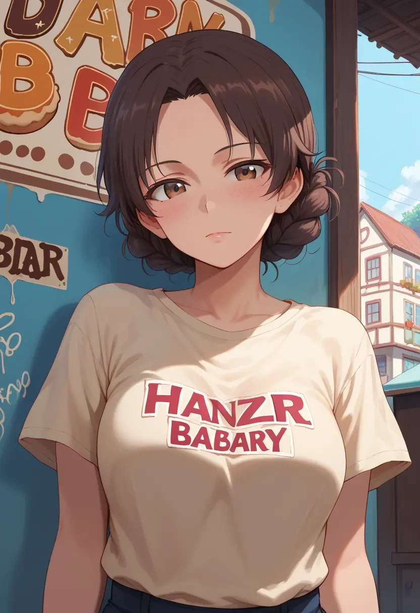 girls_und_panzer,isuzu_hana,crop graffiti tee,dolphin shorts  - 