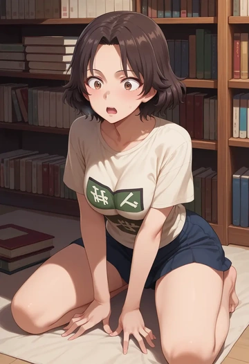 girls_und_panzer,isuzu_hana,handwritten script shirt,dolphin shorts  - AI generated anime art