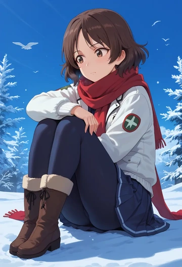 girls_und_panzer,isuzu_hana,winter,student uniform,puffer jacket  - AI generated anime art