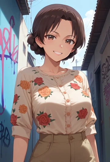 girls_und_panzer,isuzu_hana,silk graffiti shirt,dolphin shorts  - AI generated anime art