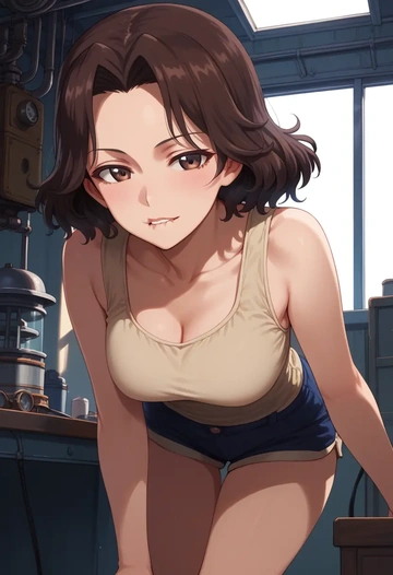 girls_und_panzer,isuzu_hana,sleeveless swim top,shorts-style bottom,contrast stitching  - AI generated anime art