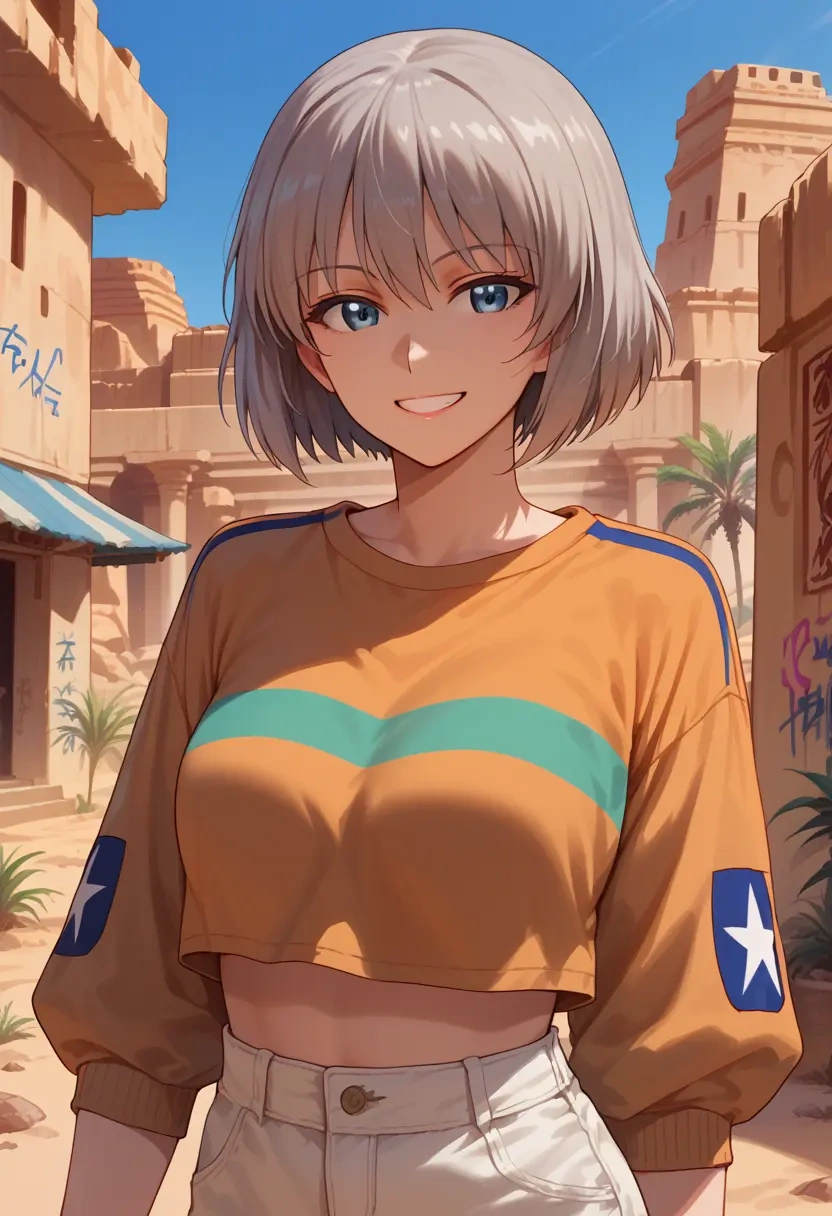 girls_und_panzer,itsumi_erika,cropped graffiti sweatshirt,dolphin shorts  - 