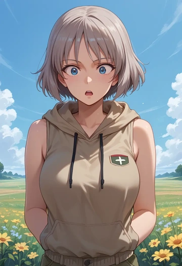 girls_und_panzer,itsumi_erika,sleeveless hoodie,biker shorts  - AI generated anime art