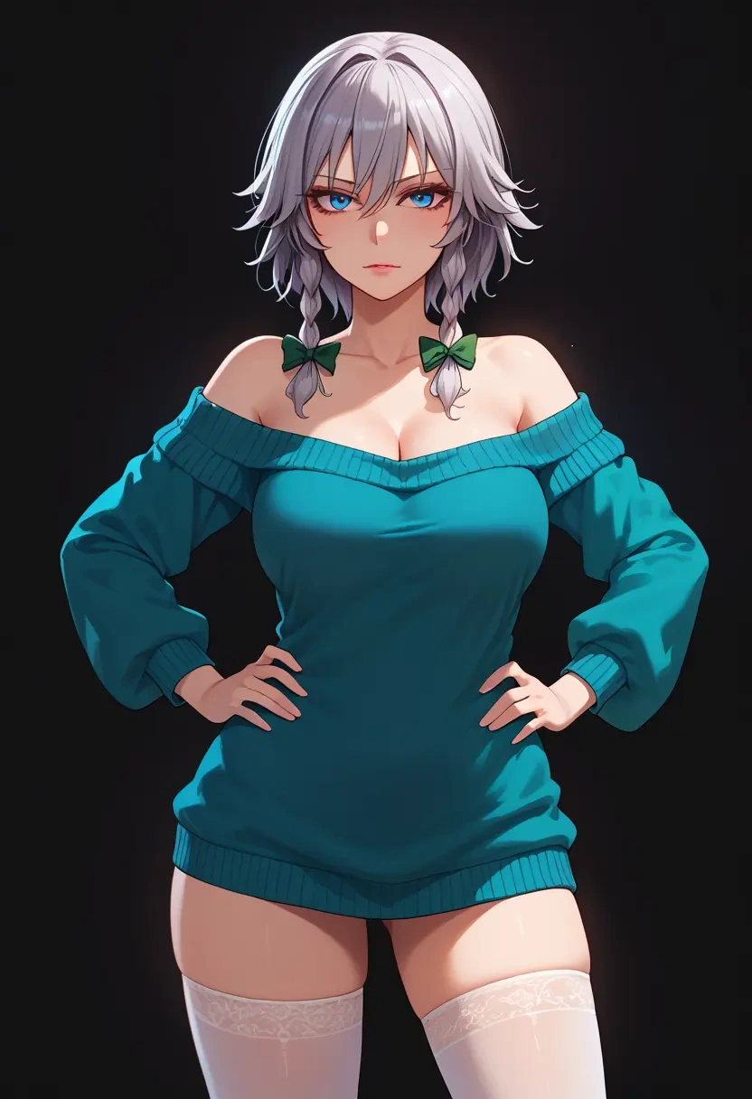 touhou,izayoi_sakuya,Hands on hips,off-shoulder,sweater,stockings  - 