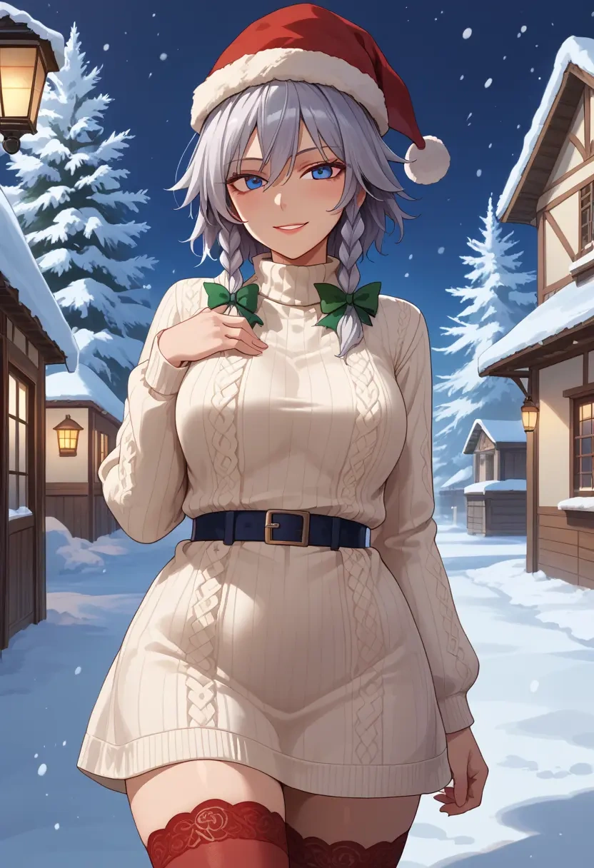 touhou,izayoi_sakuya,Christmas,sweater dress,stockings  - 