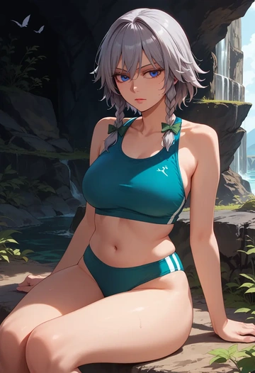 touhou,izayoi_sakuya,tankini top,board shorts  - AI generated anime art