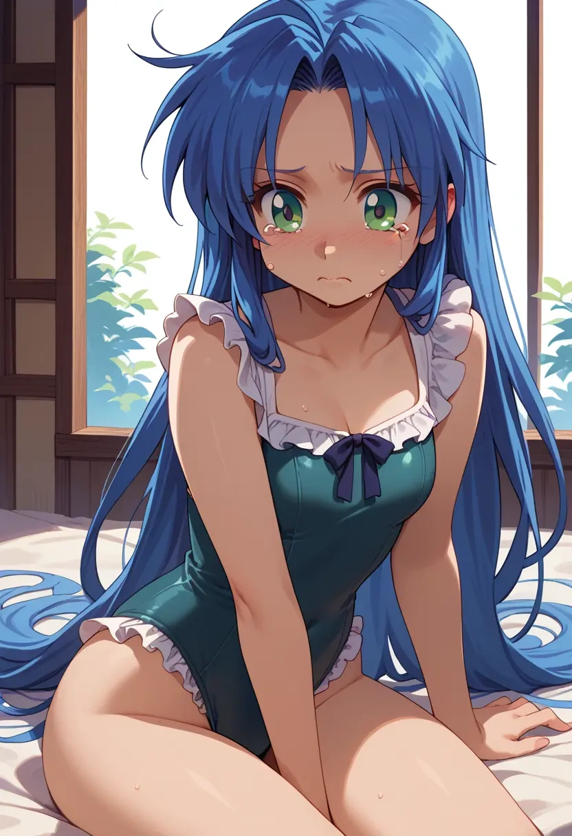 lucky_star,izumi_konata,retro style swimsuit,frilled neckline,bow detail  - 