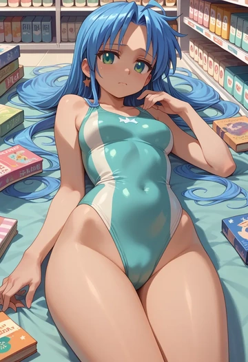 lucky_star,izumi_konata,racerback swimsuit,striped trim,name tag patch  - AI generated anime art