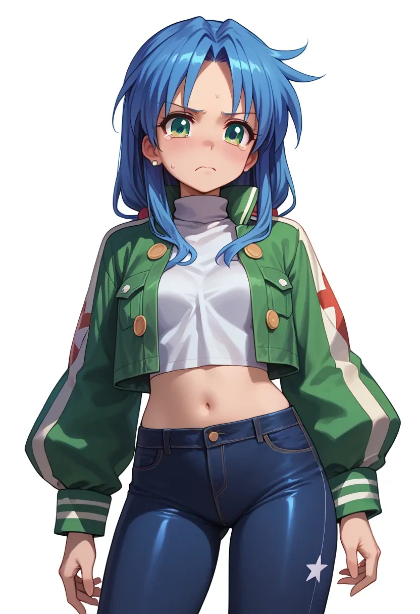 lucky_star,izumi_konata,denim jacket,cropped,leather leggings  - 