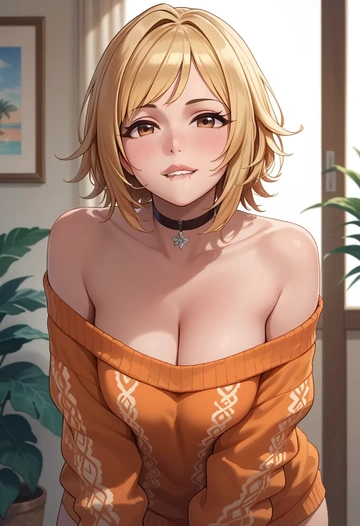 idolmaster,izumi_mei,orange,sweater,choker  - AI generated anime art