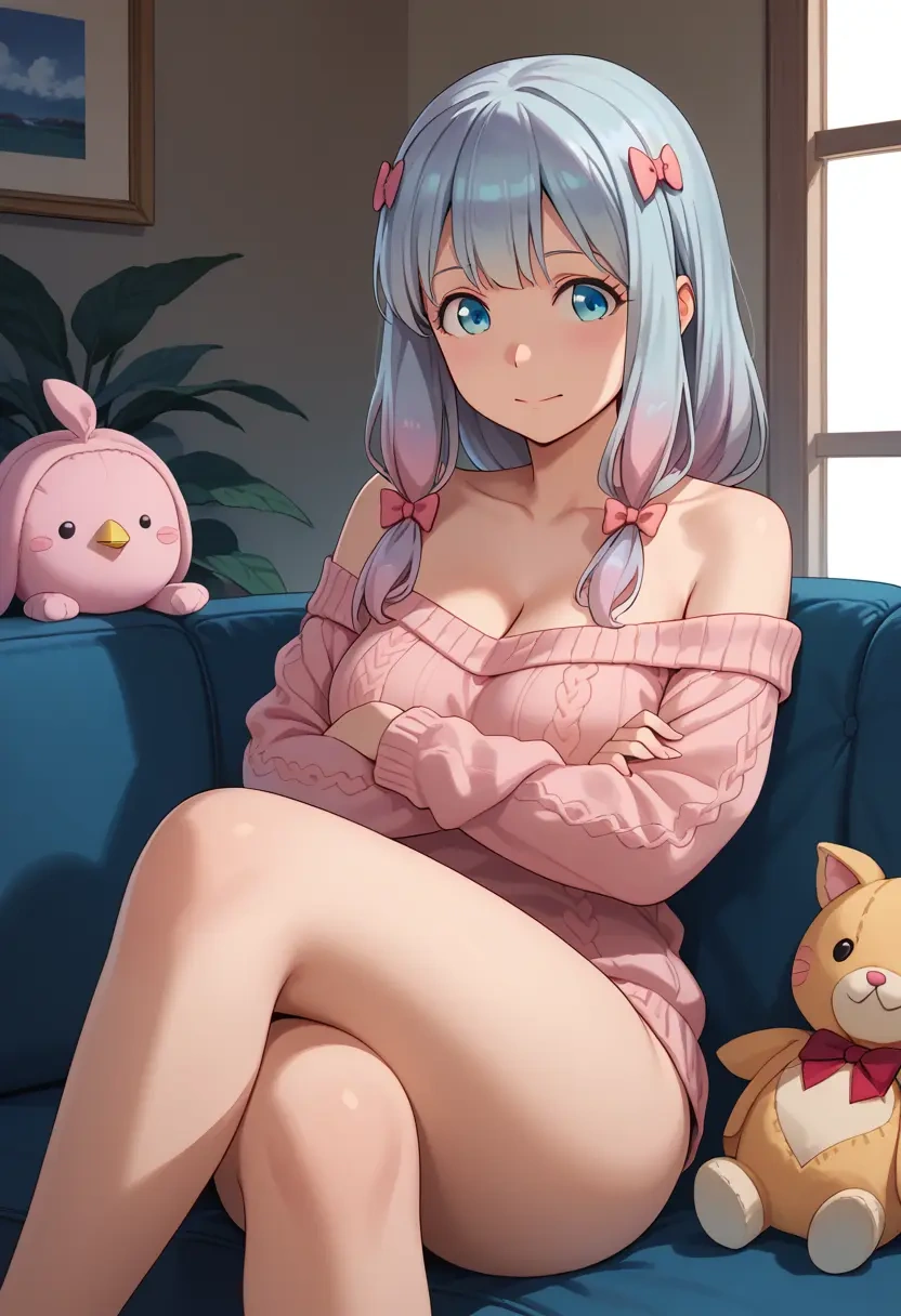 eromanga_sensei,izumi_sagiri,arms crossed,off-shoulder,sweater,cross-legged  - 