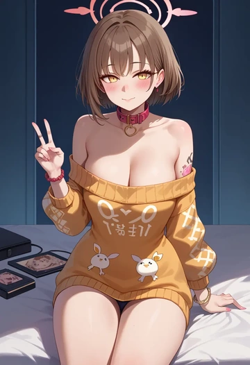 blue_archive,izuna_(blue_archive),blushing,collar,peace sign,off-shoulder,sweater  - AI generated anime art