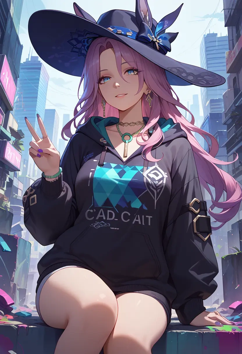 star rail,jade,oversized graphic hoodie,thigh-high socks,shorts  - 