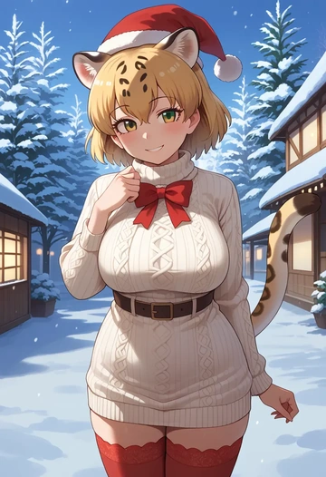 kemono_friends,jaguar_(kemono_friends),Christmas,sweater dress,stockings  - AI generated anime art