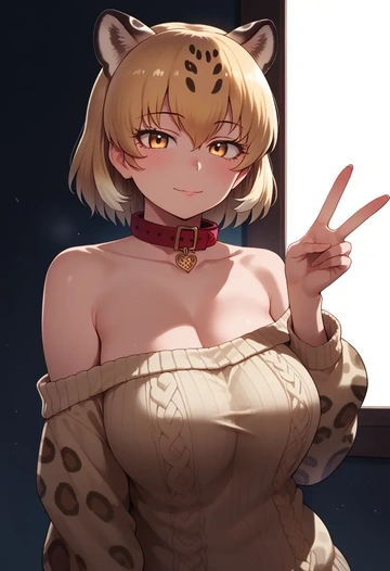 kemono_friends,jaguar_(kemono_friends),sweater,off-shoulder,collar  - AI generated anime art