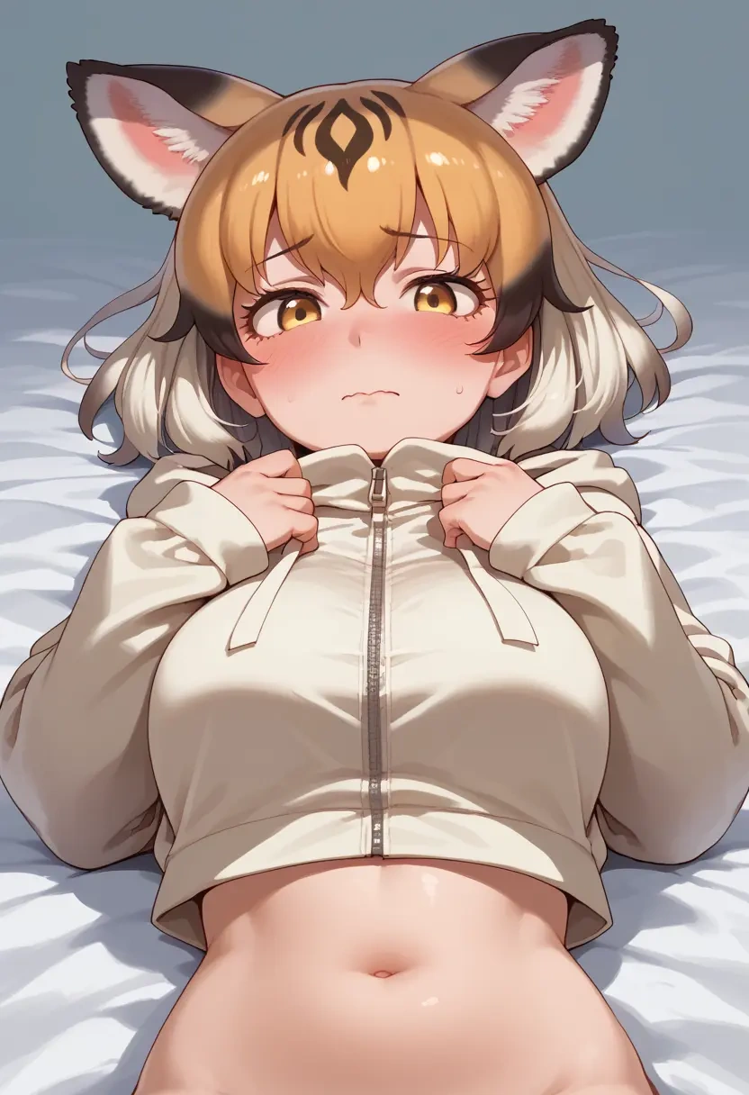 kemono_friends,japanese_crested_ibis_(kemono_friends),crop hoodie,shorts  - 