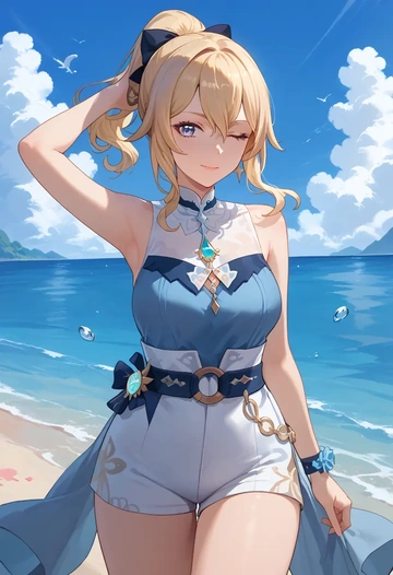 genshin impact,jean_(genshin_impact),sleeveless swim top,shorts-style bottom,contrast stitching  - AI generated anime art