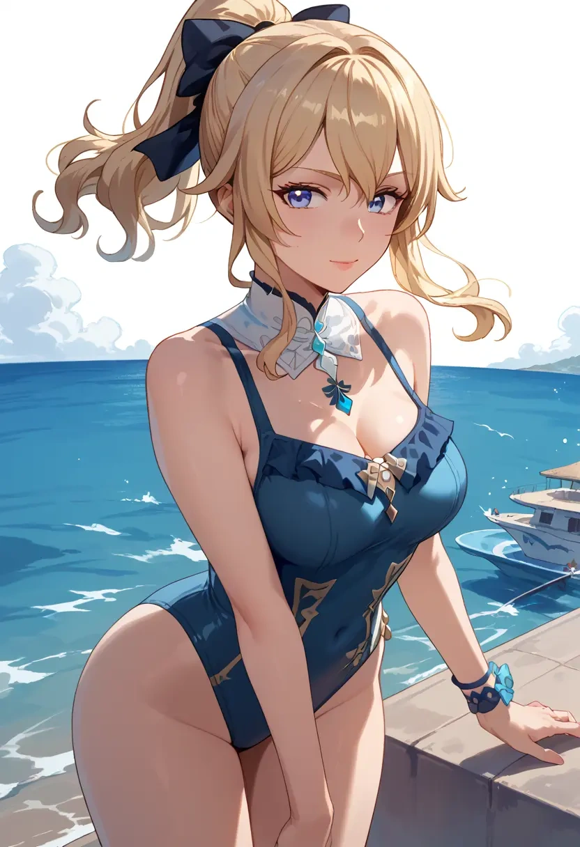 genshin impact,jean_(genshin_impact),retro style swimsuit,frilled neckline,bow detail  - 