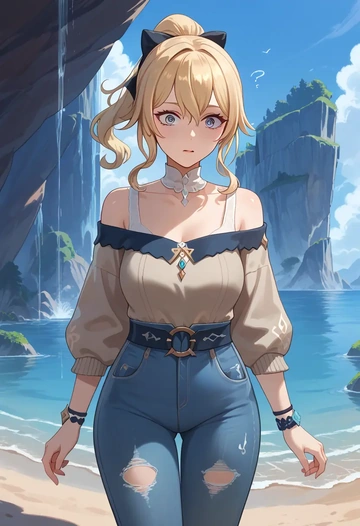 genshin impact,jean_(genshin_impact),sweater,off-shoulder,ripped jeans  - AI generated anime art