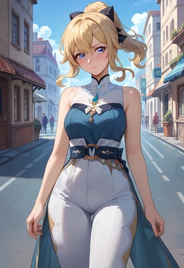 genshin impact,jean_(genshin_impact),jumpsuit,sleeveless,flare pants  - AI generated anime art