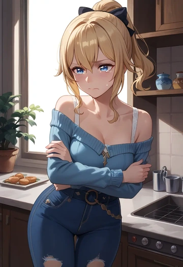 genshin impact,jean_(genshin_impact),sweater,off-shoulder,ripped jeans  - AI generated anime art