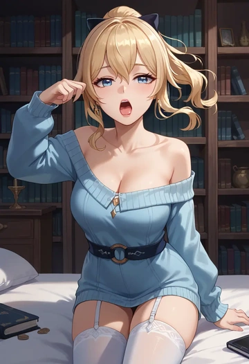 genshin impact,jean_(genshin_impact),Yawning,off-shoulder,sweater,stockings  - AI generated anime art